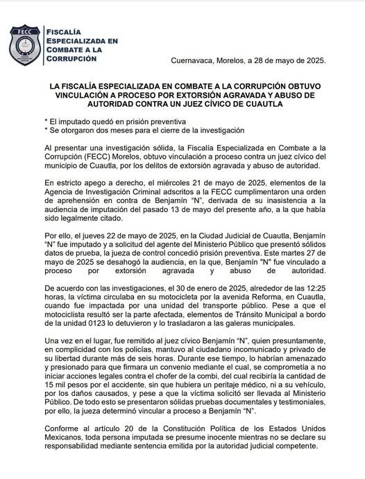 A prisión juez cívico de Cuautla por pasado de lanza